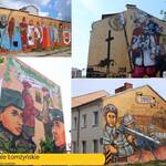 Kolaż czterech zdjęć przedstawiający murale na ścianach budynków w Łomży.