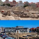 Kolaż dwóch zdjęć przedstawiający prace archeologiczne prowadzone w ramach rewitalizacji Starego Rynku.