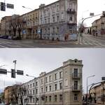 Kolaż dwóch zdjęć przedstawiający kamienicę przy ul. Wojska Polskiego przed i po remoncie.